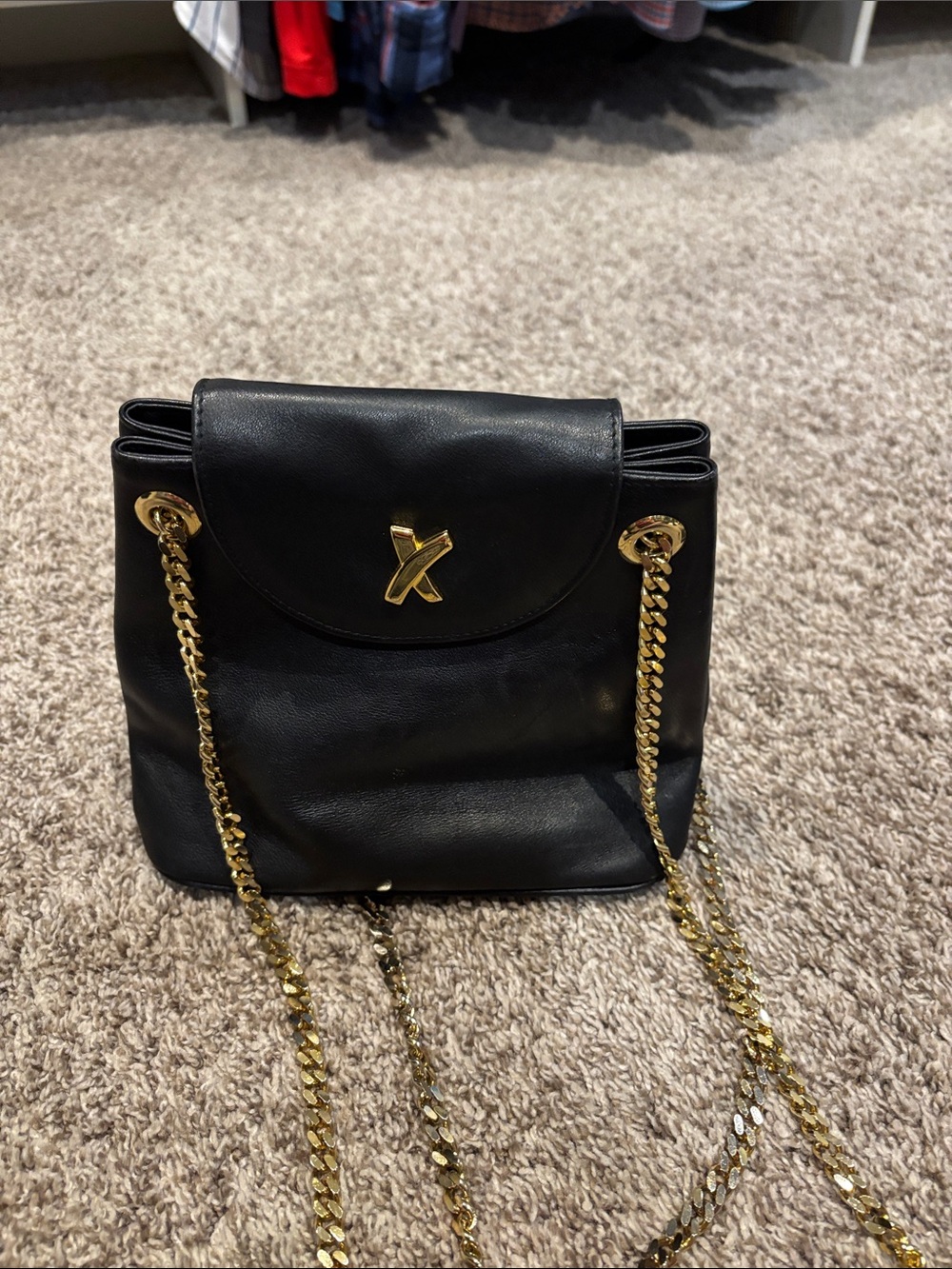 Paloma Picasso Black Leather Crossbody with Gold Chain